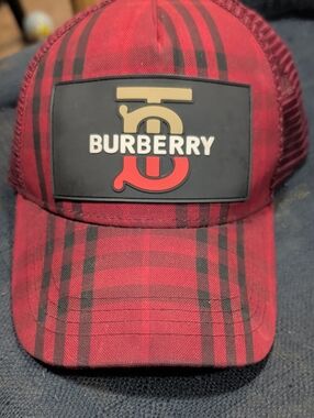 Burberry Red and Black Plaid Logo Patch Baseball Cap